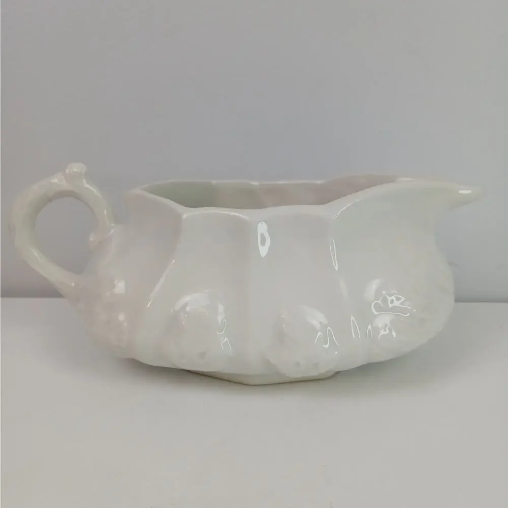 Red-Cliff Ironstone White Gravy Boat Planter Flower Vase Raised Leaf Pattern